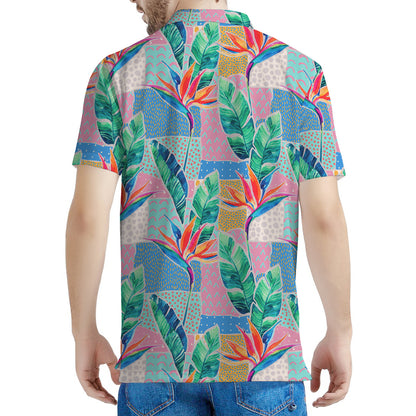 Watercolor Tropical Patchwork Print Men's Polo Shirt