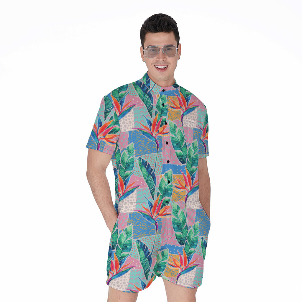 Watercolor Tropical Patchwork Print Men's Rompers