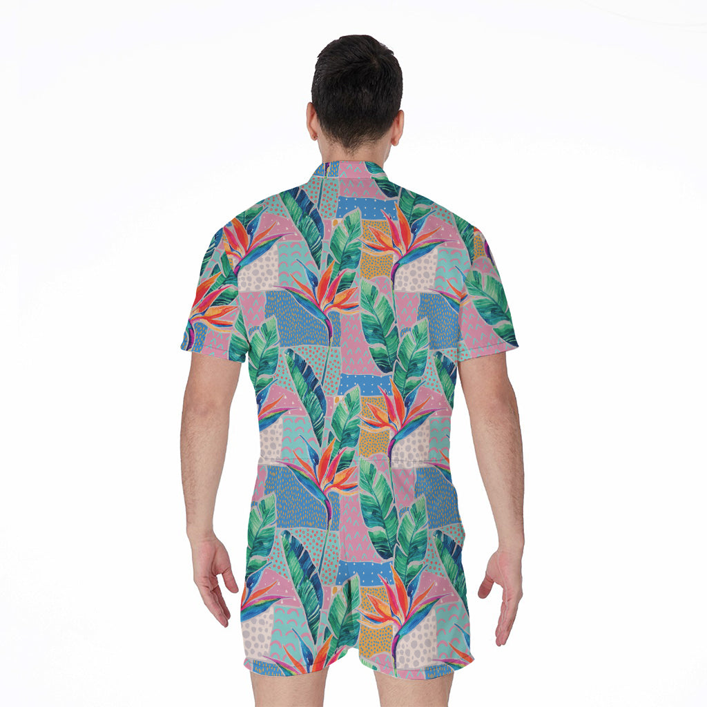 Watercolor Tropical Patchwork Print Men's Rompers