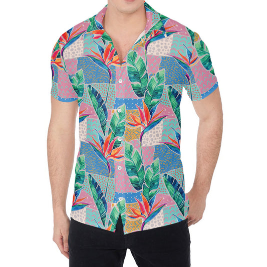 Watercolor Tropical Patchwork Print Men's Shirt