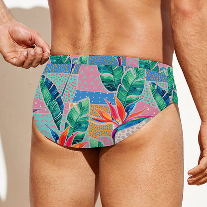 Watercolor Tropical Patchwork Print Men's Swim Briefs