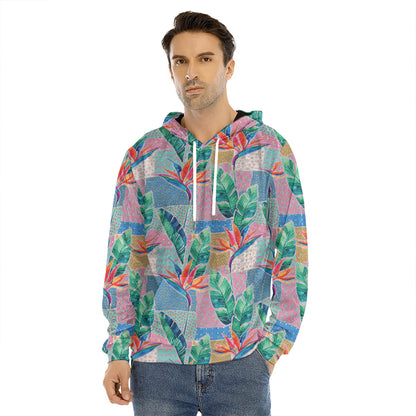 Watercolor Tropical Patchwork Print Men's Velvet Pullover Hoodie