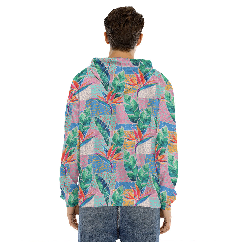 Watercolor Tropical Patchwork Print Men's Velvet Pullover Hoodie