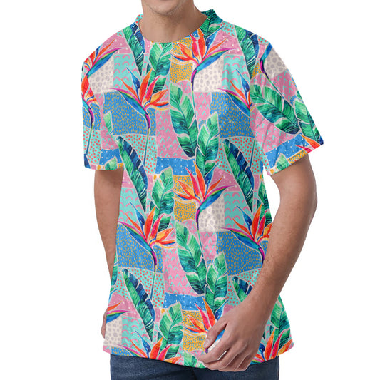 Watercolor Tropical Patchwork Print Men's Velvet T-Shirt