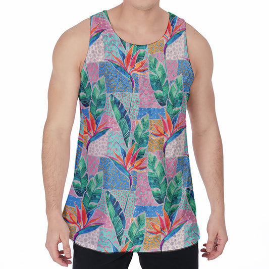 Watercolor Tropical Patchwork Print Men's Velvet Tank Top