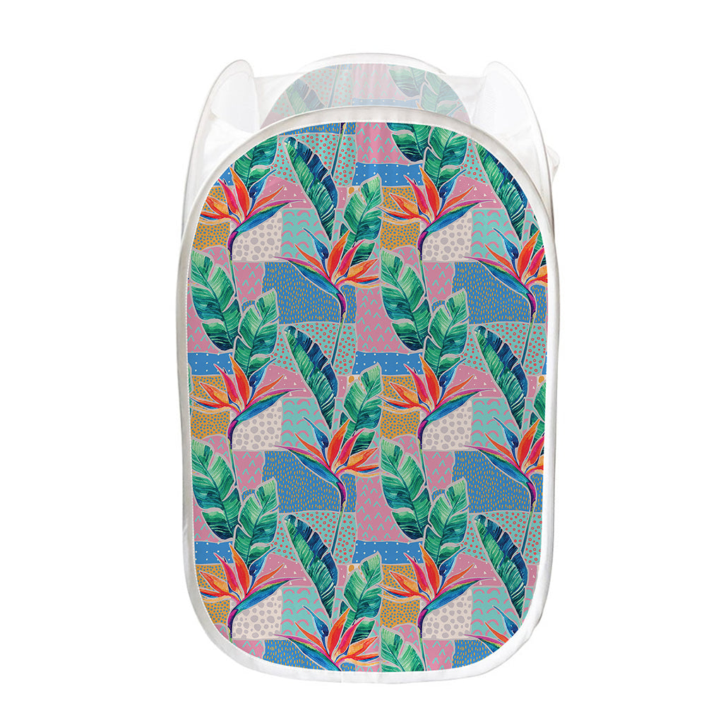 Watercolor Tropical Patchwork Print Mesh Laundry Hamper