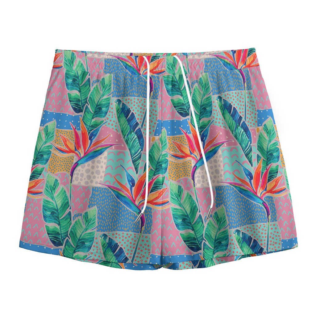 Watercolor Tropical Patchwork Print Mesh Shorts