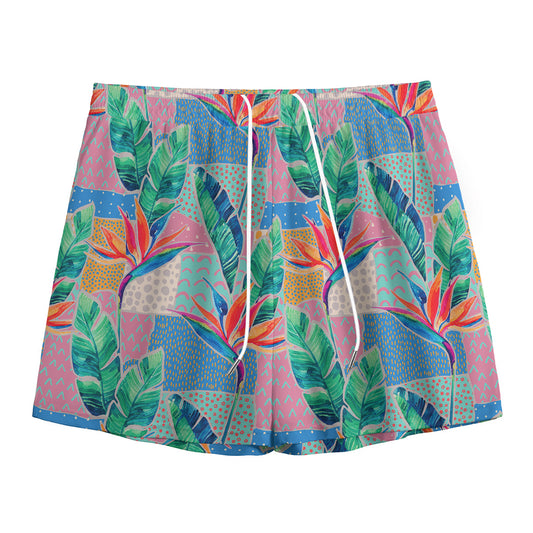 Watercolor Tropical Patchwork Print Mesh Shorts