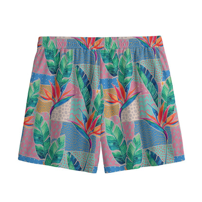 Watercolor Tropical Patchwork Print Mesh Shorts