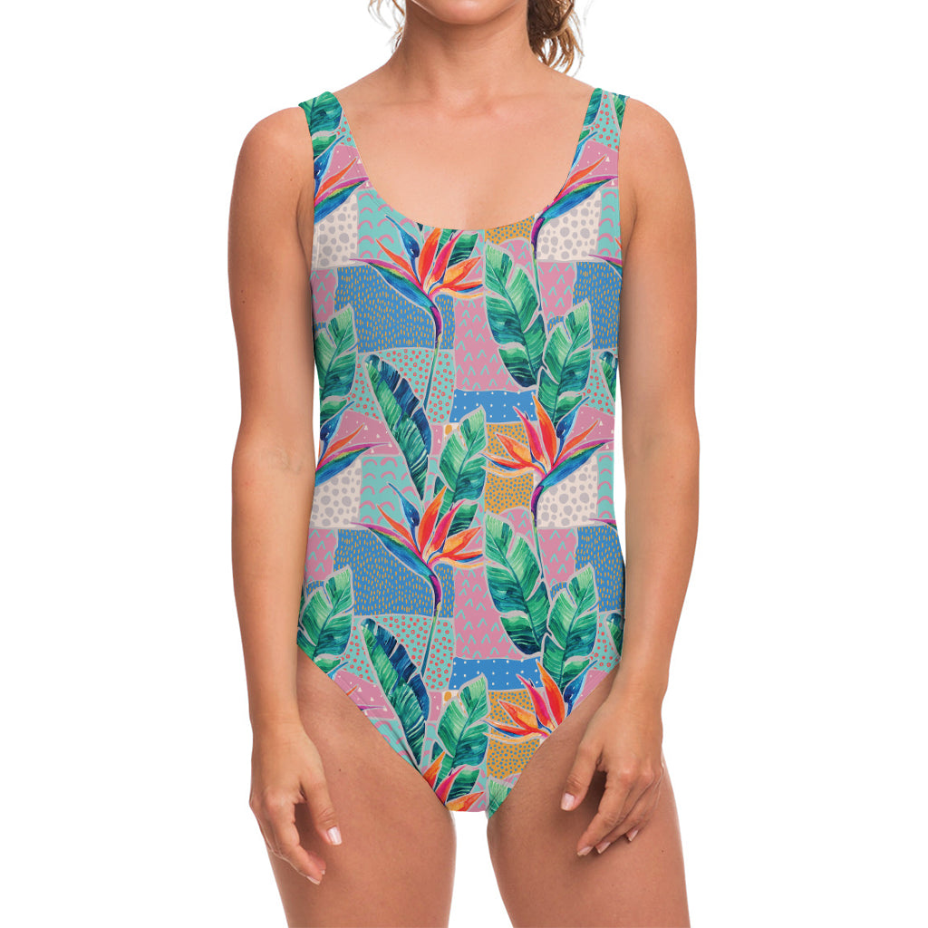Watercolor Tropical Patchwork Print One Piece Swimsuit