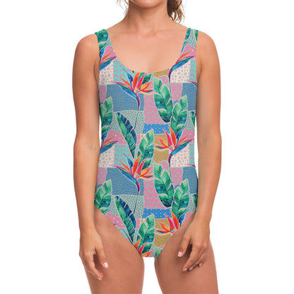 Watercolor Tropical Patchwork Print One Piece Swimsuit