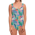 Watercolor Tropical Patchwork Print One Piece Swimsuit