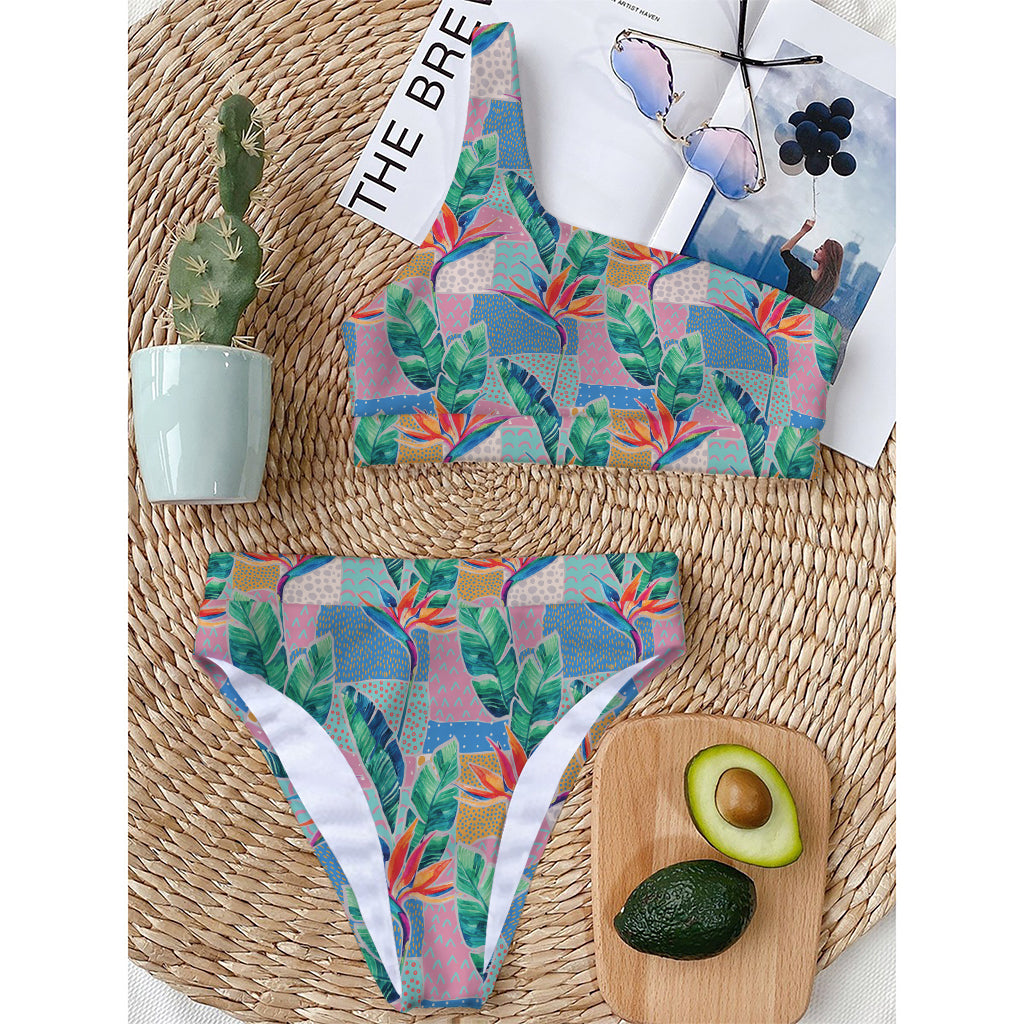 Watercolor Tropical Patchwork Print One Shoulder Bikini Top
