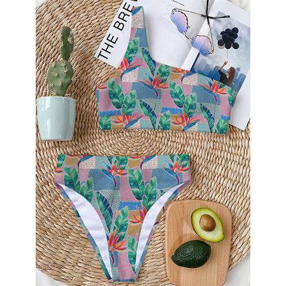 Watercolor Tropical Patchwork Print One Shoulder Bikini Top