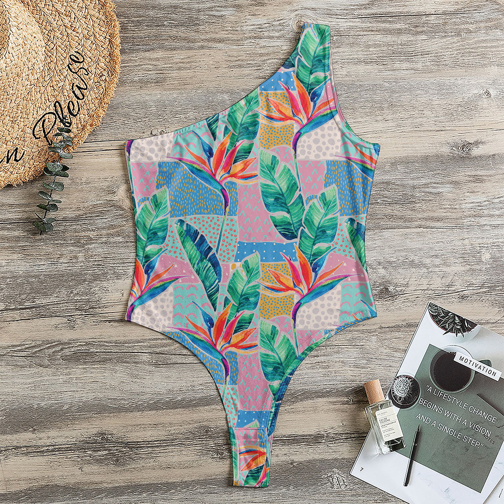 Watercolor Tropical Patchwork Print One Shoulder Bodysuit
