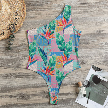 Watercolor Tropical Patchwork Print One Shoulder Bodysuit