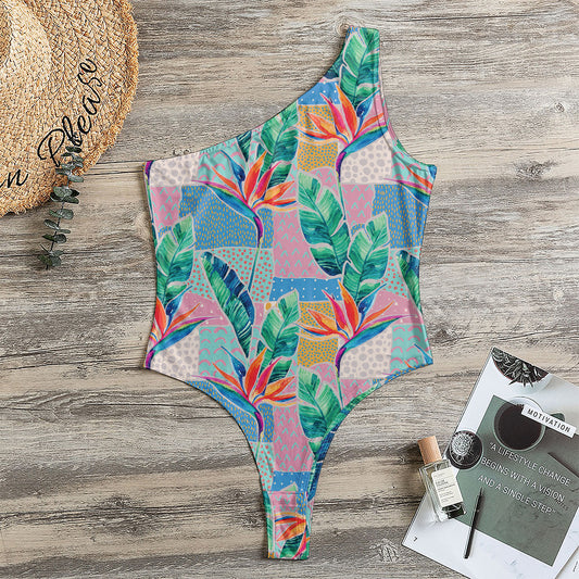Watercolor Tropical Patchwork Print One Shoulder Bodysuit
