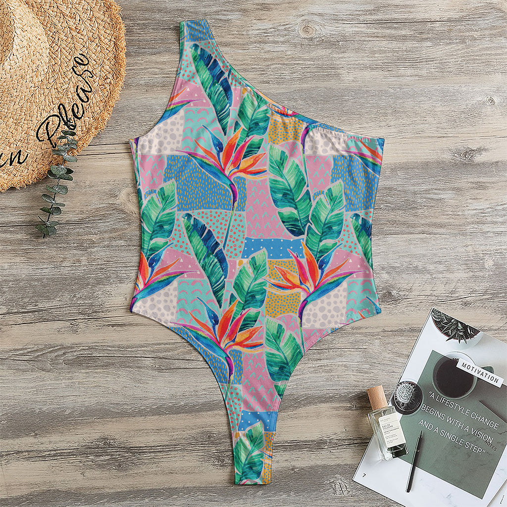 Watercolor Tropical Patchwork Print One Shoulder Bodysuit