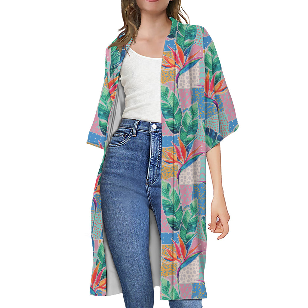 Watercolor Tropical Patchwork Print Open Front Beach Cover Up