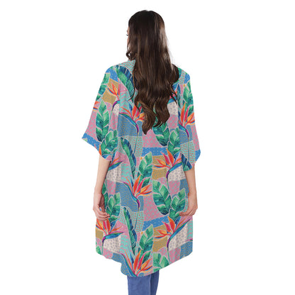 Watercolor Tropical Patchwork Print Open Front Beach Cover Up