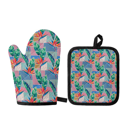Watercolor Tropical Patchwork Print Oven Mitt And Pot Holder Set