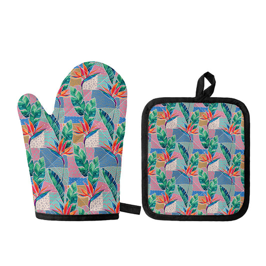 Watercolor Tropical Patchwork Print Oven Mitt And Pot Holder Set