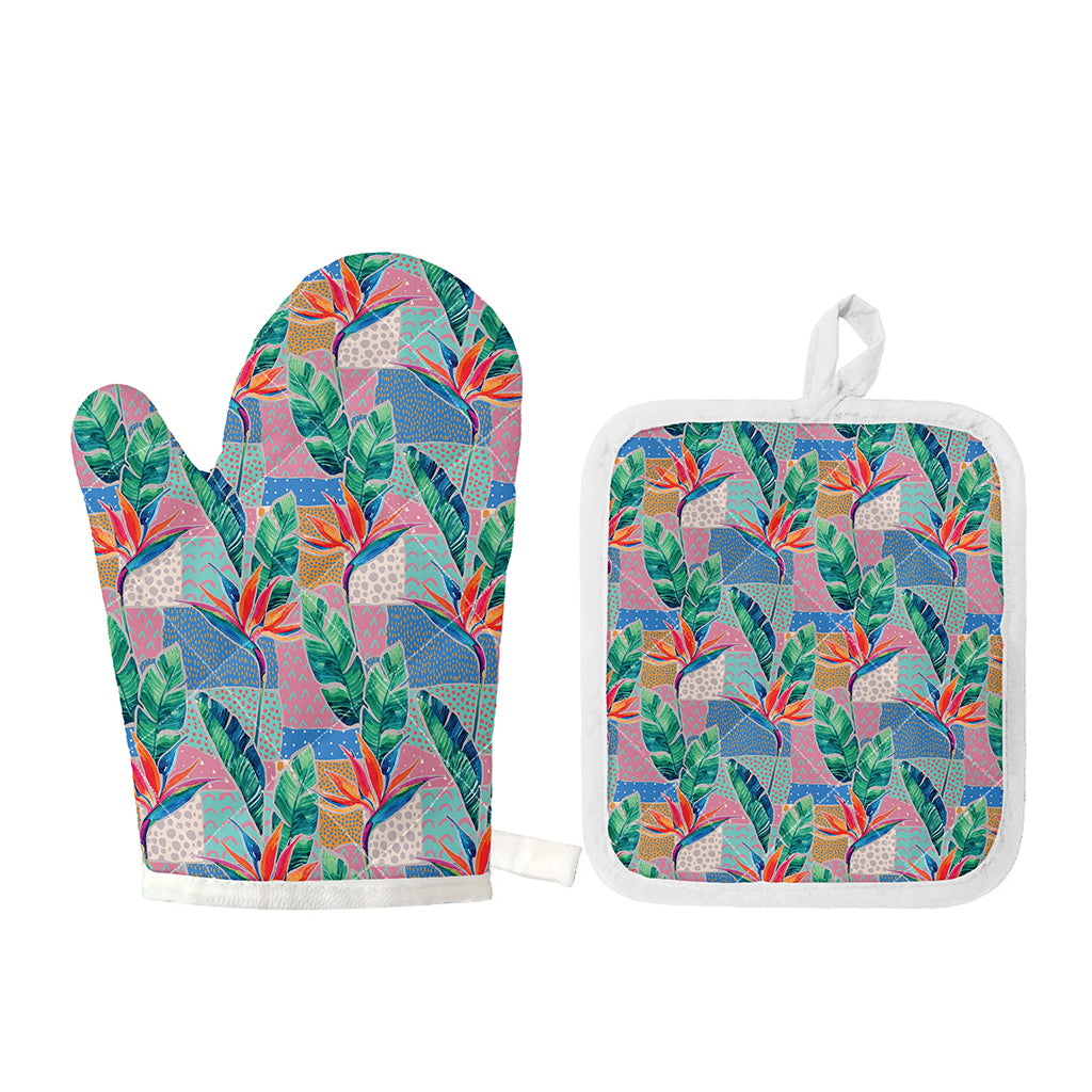 Watercolor Tropical Patchwork Print Oven Mitt And Pot Holder Set