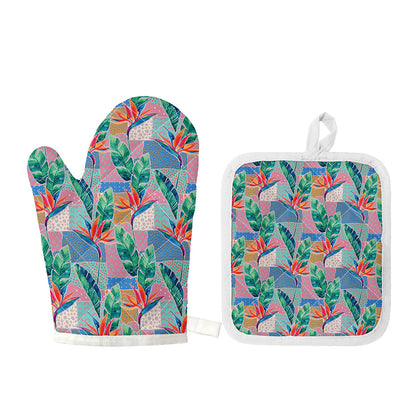Watercolor Tropical Patchwork Print Oven Mitt And Pot Holder Set