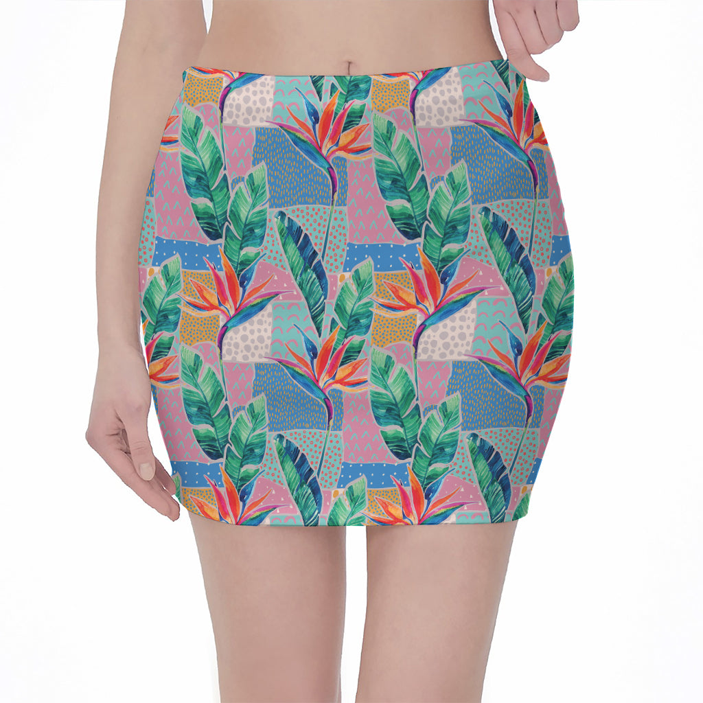 Watercolor Tropical Patchwork Print Pencil Mini Skirt