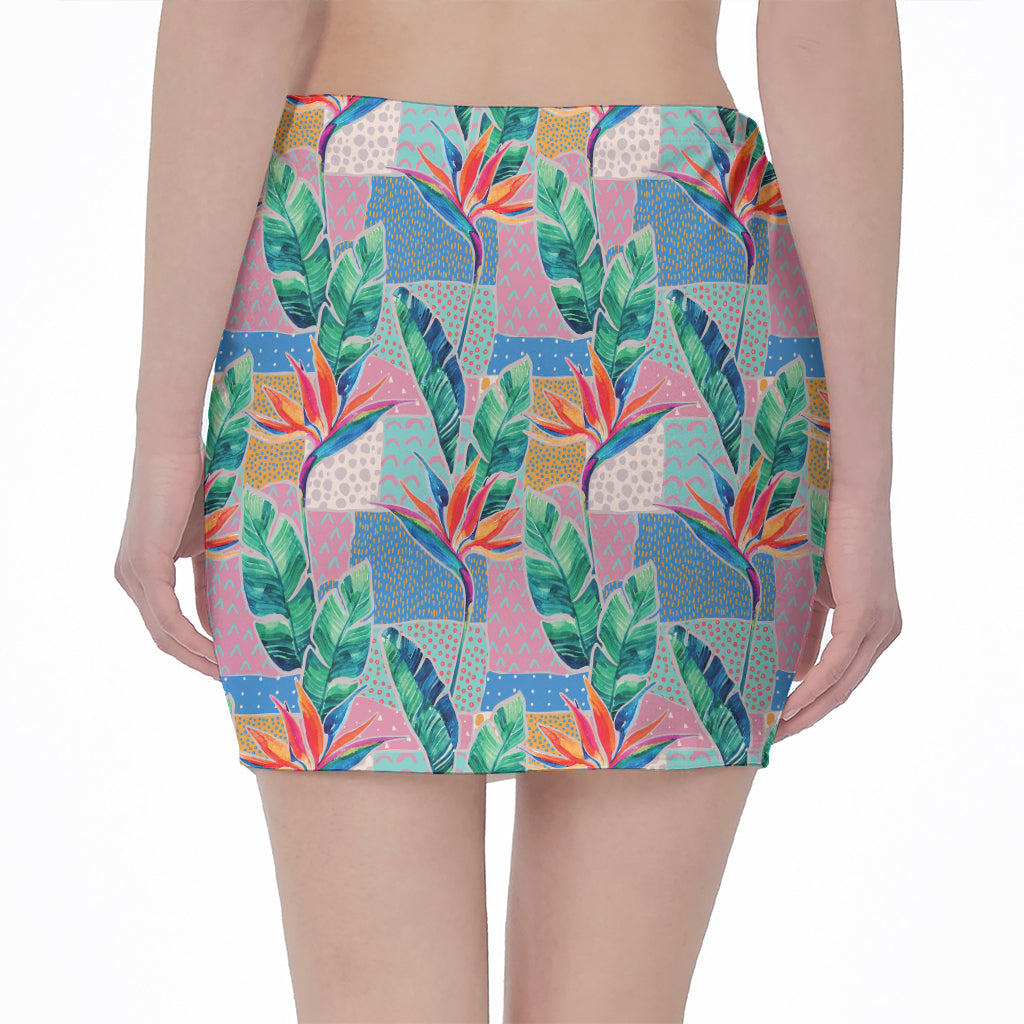 Watercolor Tropical Patchwork Print Pencil Mini Skirt