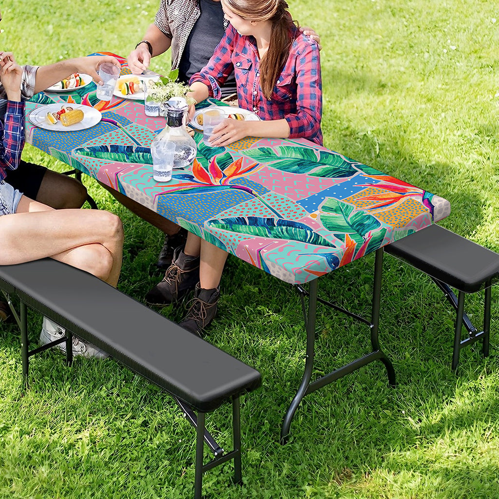 Watercolor Tropical Patchwork Print Picnic Table Cover