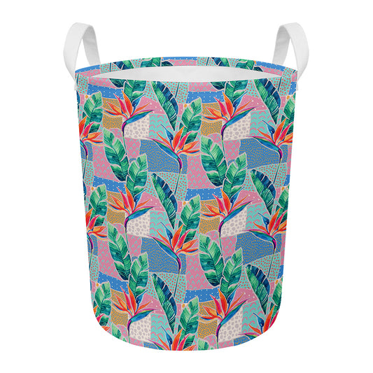 Watercolor Tropical Patchwork Print Round Laundry Basket