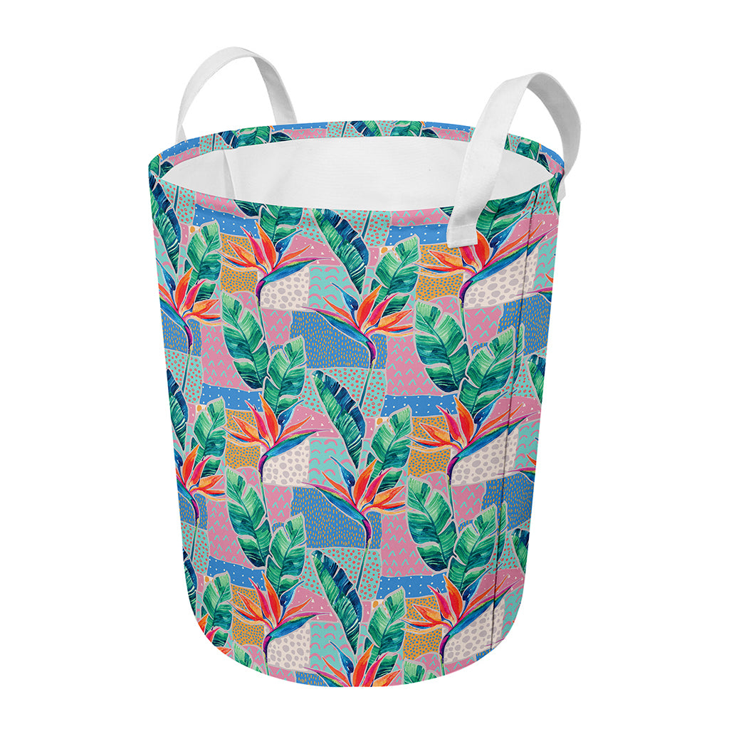 Watercolor Tropical Patchwork Print Round Laundry Basket