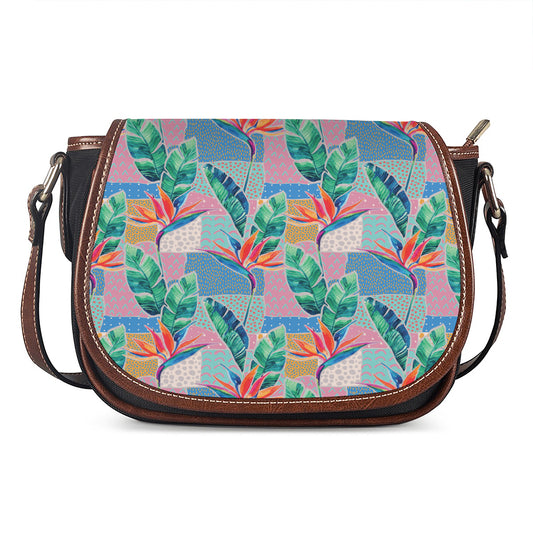 Watercolor Tropical Patchwork Print Saddle Bag
