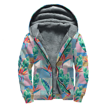 Watercolor Tropical Patchwork Print Sherpa Lined Zip Up Hoodie