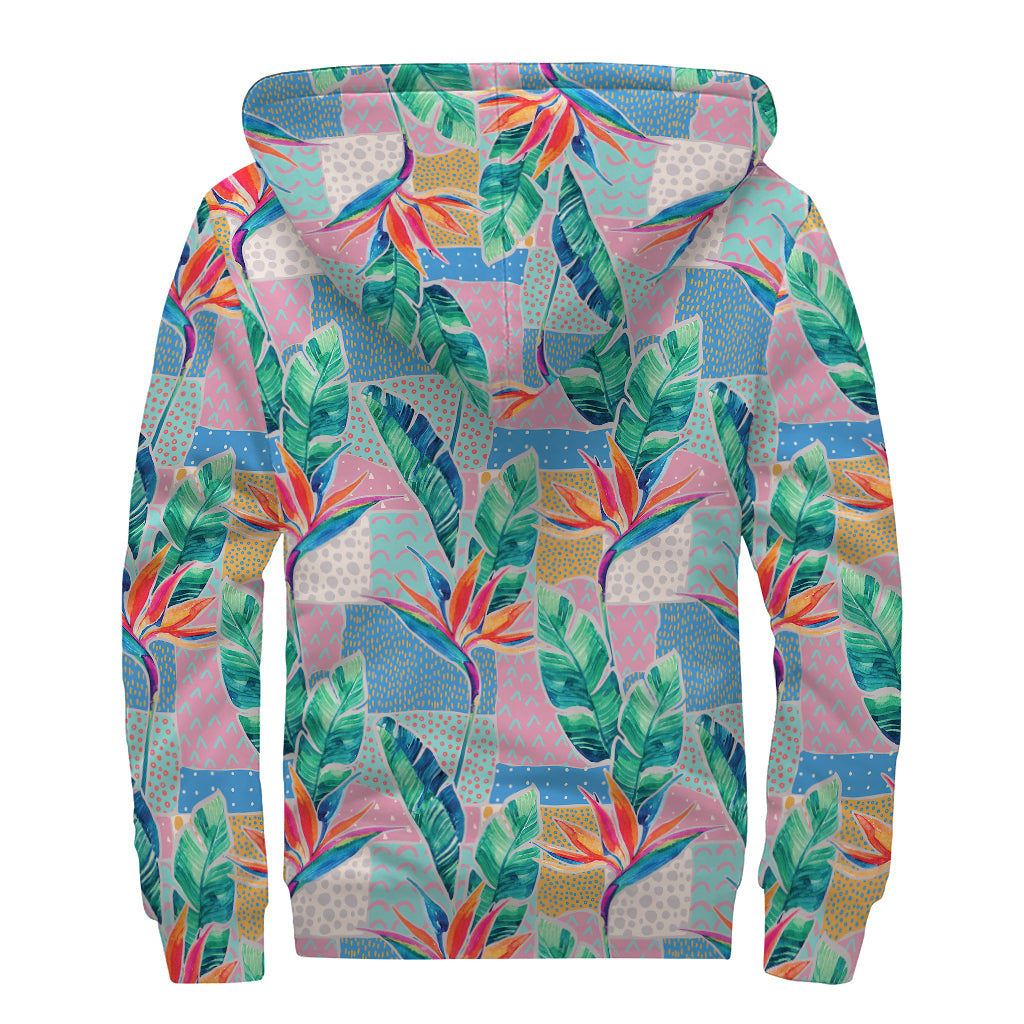 Watercolor Tropical Patchwork Print Sherpa Lined Zip Up Hoodie
