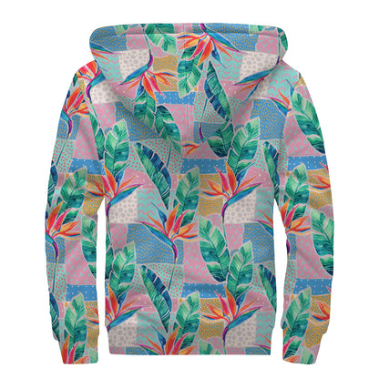 Watercolor Tropical Patchwork Print Sherpa Lined Zip Up Hoodie