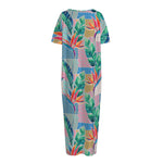 Watercolor Tropical Patchwork Print Short Sleeve Long Nightdress