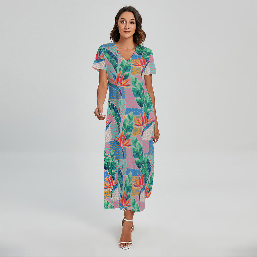 Watercolor Tropical Patchwork Print Short Sleeve Maxi Dress