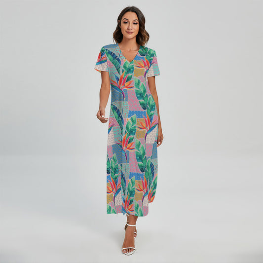 Watercolor Tropical Patchwork Print Short Sleeve Maxi Dress