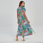 Watercolor Tropical Patchwork Print Short Sleeve Maxi Dress