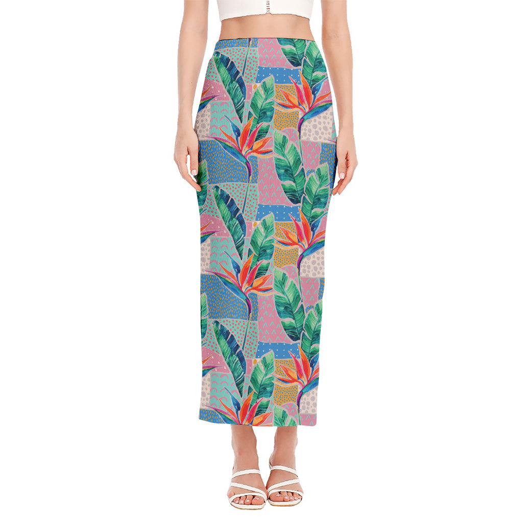 Watercolor Tropical Patchwork Print Side Slit Maxi Skirt
