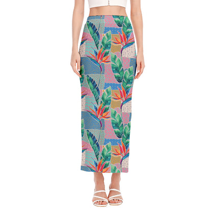 Watercolor Tropical Patchwork Print Side Slit Maxi Skirt