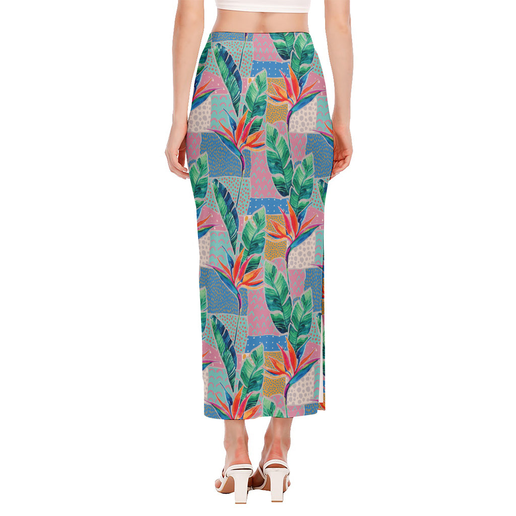 Watercolor Tropical Patchwork Print Side Slit Maxi Skirt