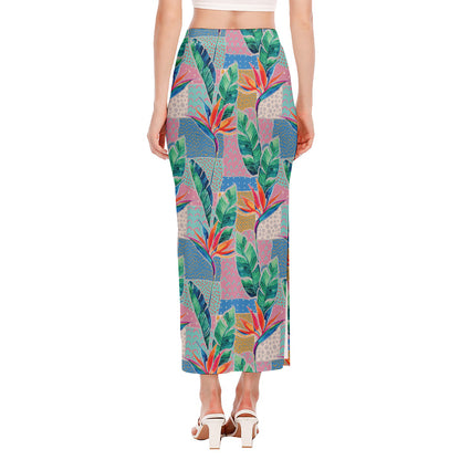 Watercolor Tropical Patchwork Print Side Slit Maxi Skirt