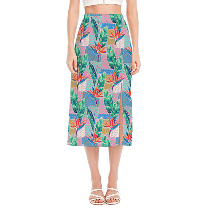 Watercolor Tropical Patchwork Print Side Slit Midi Skirt