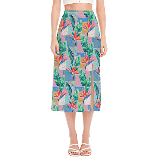 Watercolor Tropical Patchwork Print Side Slit Midi Skirt