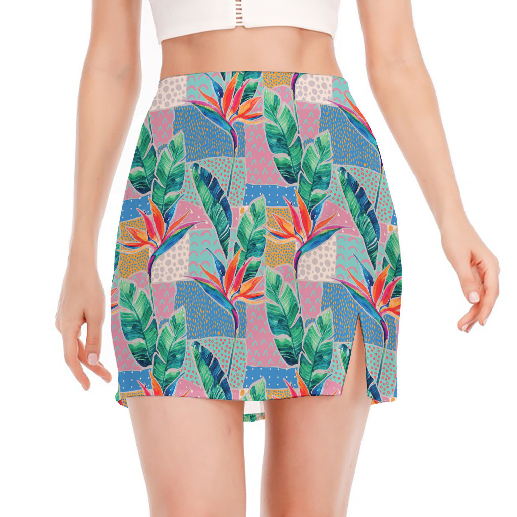 Watercolor Tropical Patchwork Print Side Slit Mini Skirt