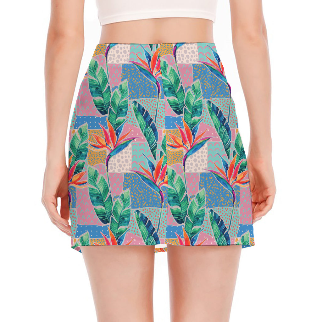 Watercolor Tropical Patchwork Print Side Slit Mini Skirt