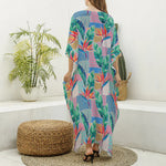 Watercolor Tropical Patchwork Print Silk V-Neck Kaftan Dress